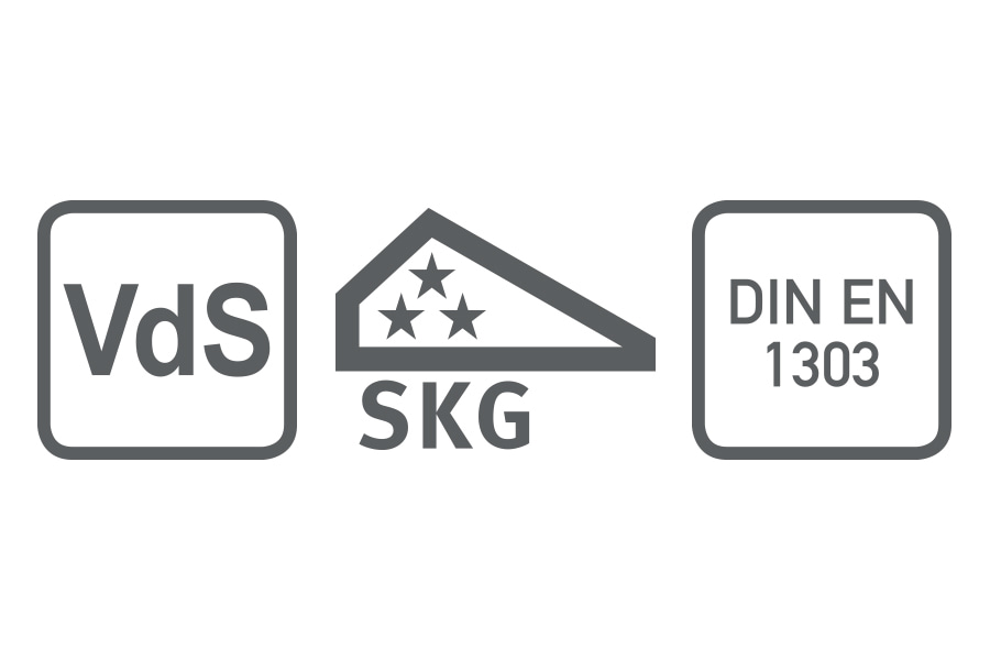 drei Zertifizierungslogos für DOM-Schlüssel und -Zylinder