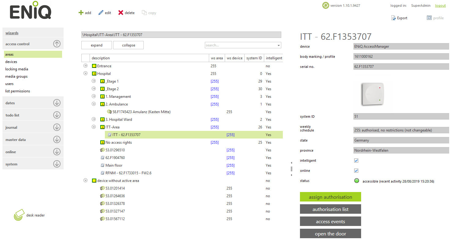 Menu: Areas, AccessManager ITT with online function (via Ethernet). 
