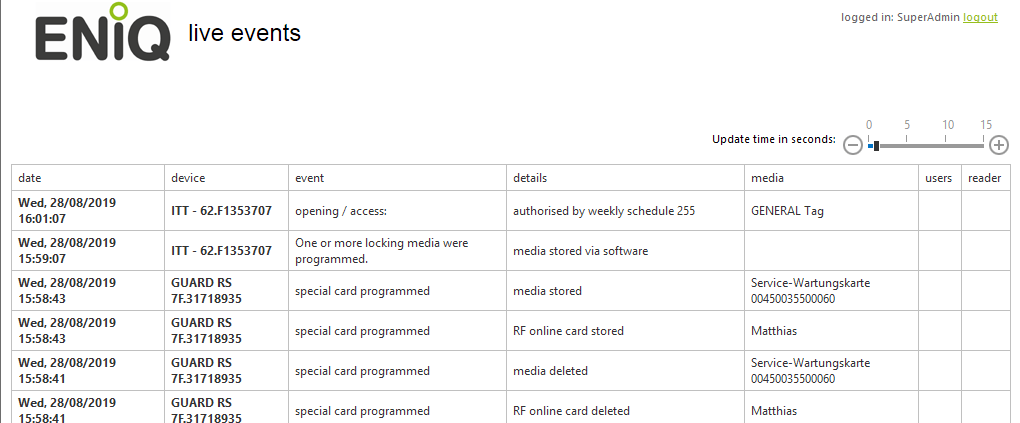 Live-Events (updated every second – first entry -> last access)