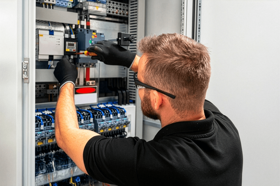 Betriebselektroniker bei DOM Sicherheitstechnik wartet und prüft elektrische Komponenten in einem Schaltschrank einer Produktionsanlage.