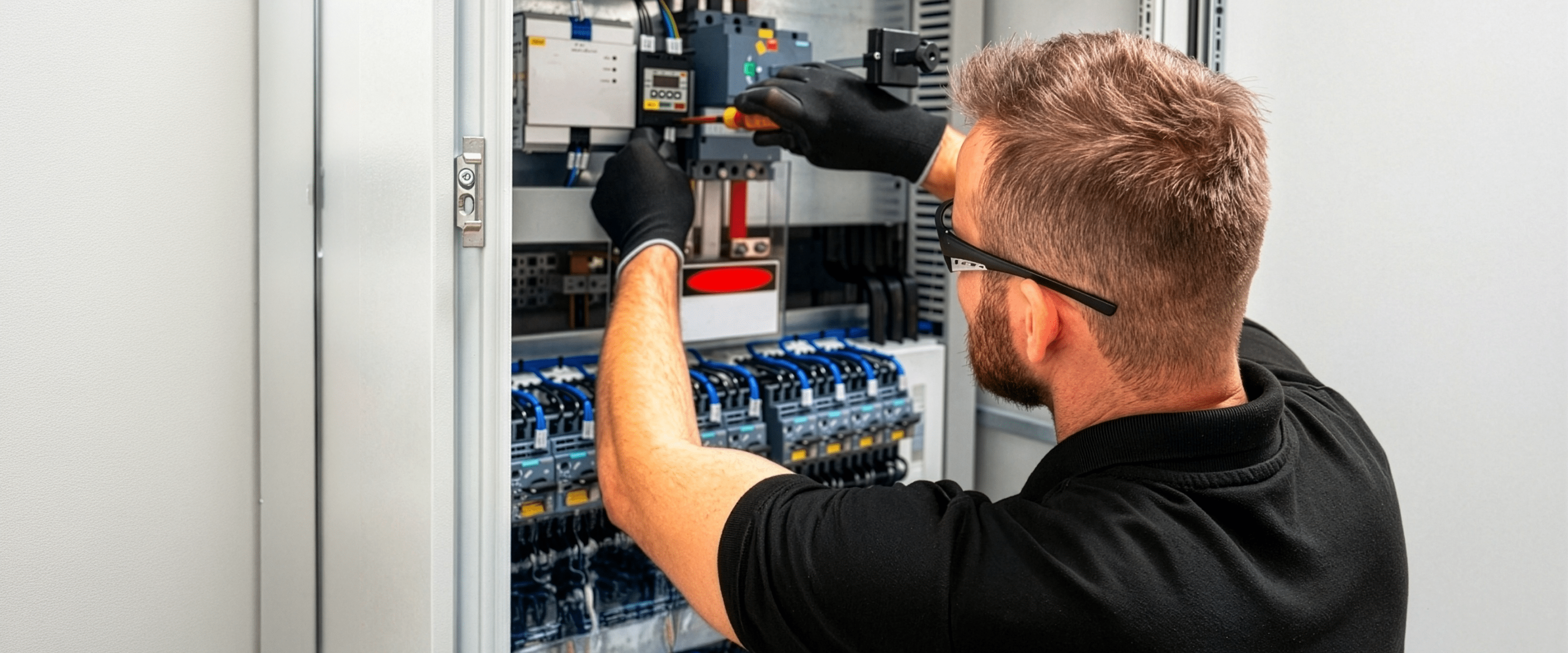 Betriebselektroniker bei DOM Sicherheitstechnik wartet und prüft elektrische Komponenten in einem Schaltschrank einer Produktionsanlage.