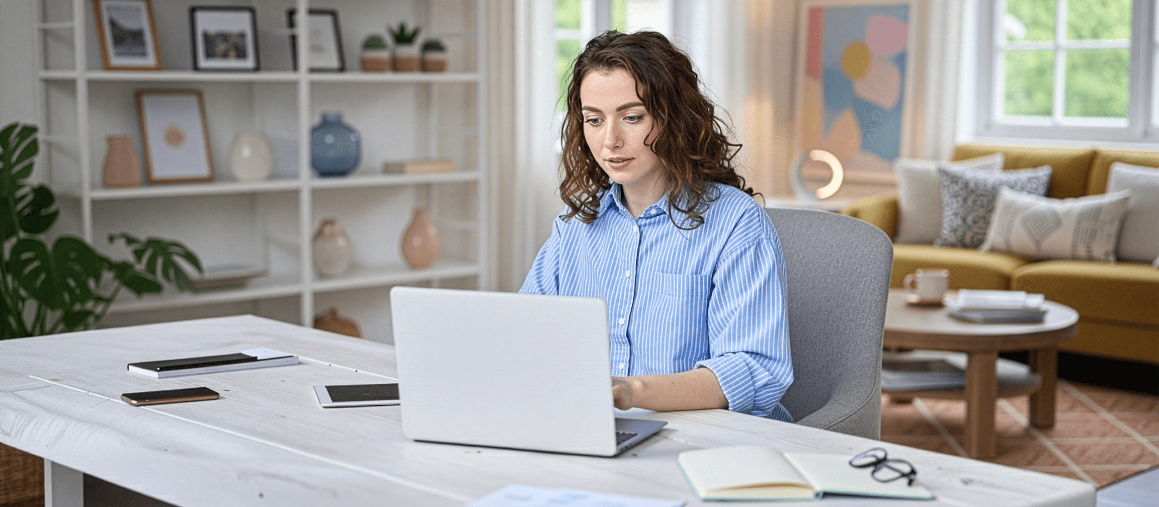 Initiativbewerbung bei DOM Sicherheitstechnik: Bewerberin erstellt ihre Bewerbung am Laptop in einem modernen Arbeitsumfeld.