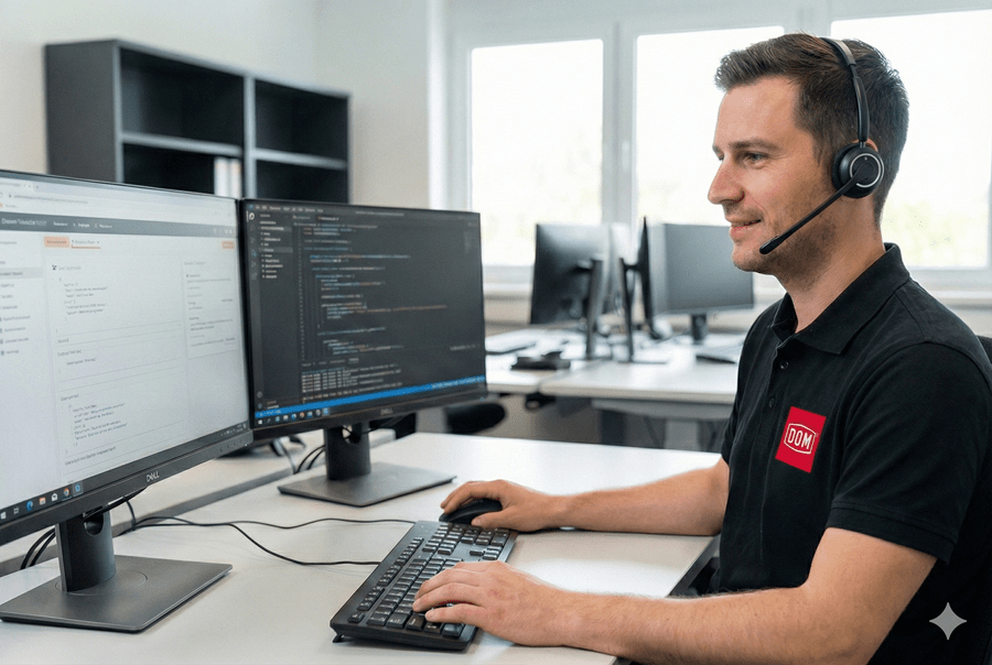 Technischer Support Mitarbeiter von DOM Sicherheitstechnik unterstützt Kunden über ein Headset und arbeitet mit Software für digitale Zutrittskontrollsysteme an zwei Monitoren.