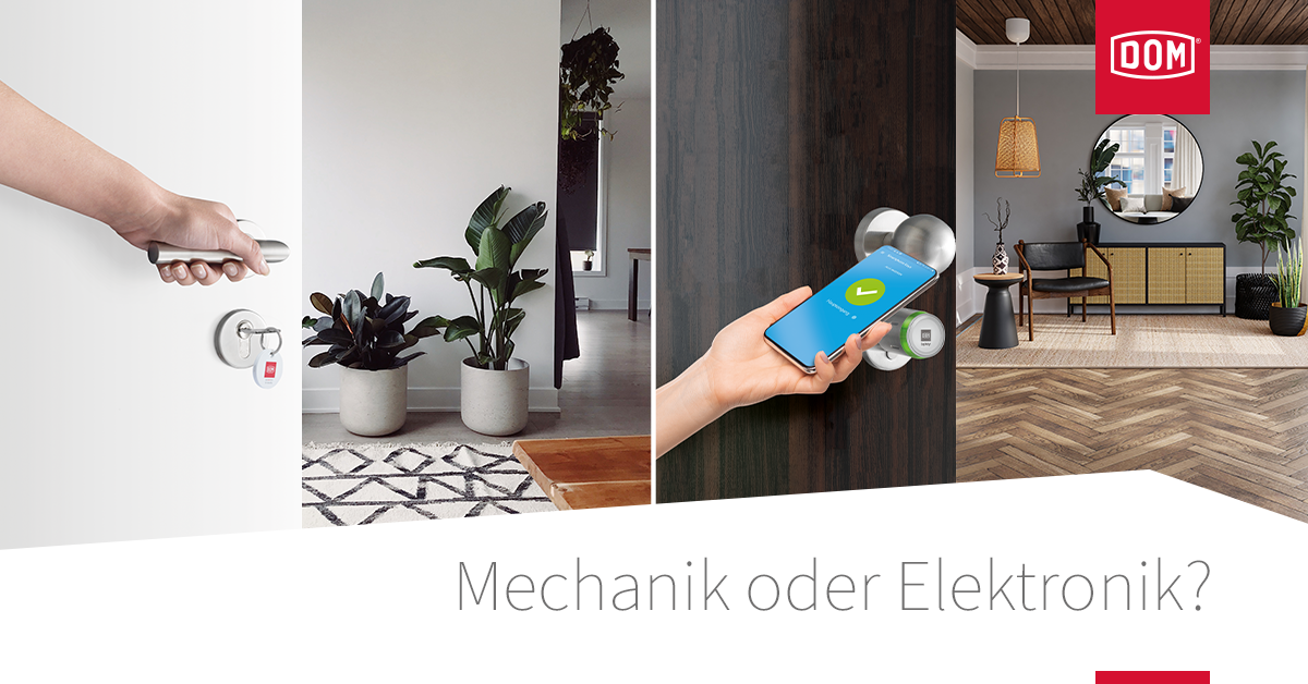 Auf der linken Seite sieht man eine Tür mit einem mechanischen Zylinder in dem ein Schlüssel steckt, auf der rechten Seite einen digitalen Zylinder der mit einem Smartphone geöffnet wird.