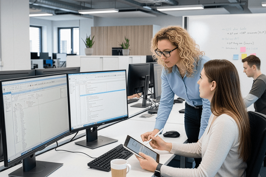 IT manager at DOM Security coordinating IT projects and collaborating with the team on systems and software solutions in a modern office environment.