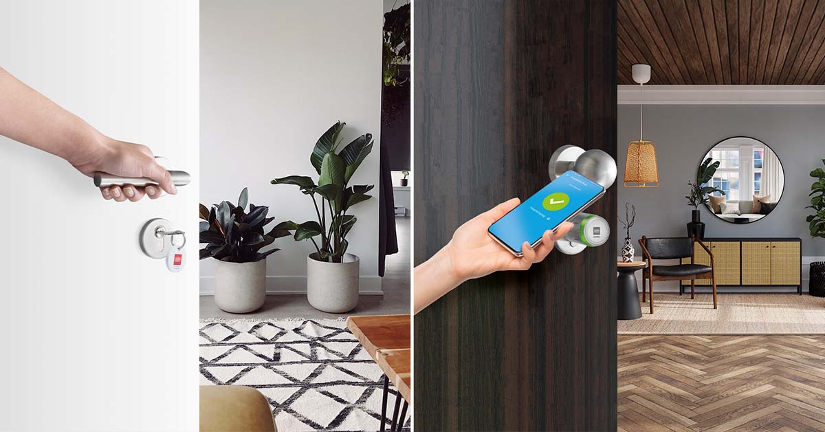 On the left side you see a door with a mechanical cylinder in which a key is inserted, on the right side a digital cylinder that is opened with a smartphone.