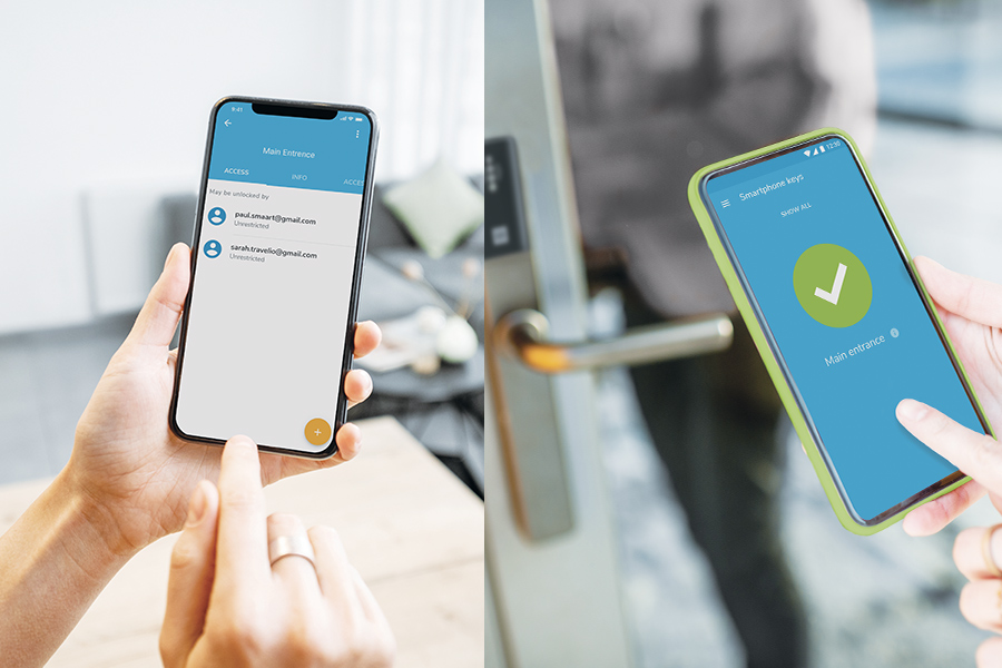 a split-screen image showing a person giving access and another person opening the door with their smartphone 