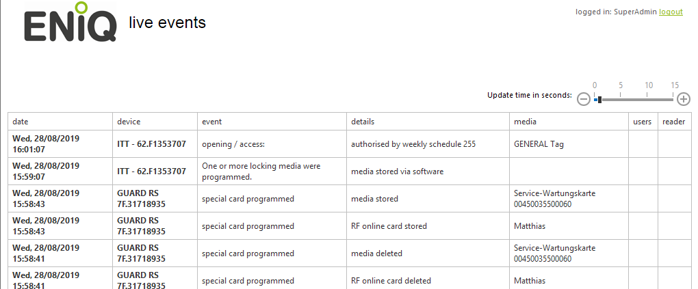 Live-Events (updated every second – first entry -> last access)