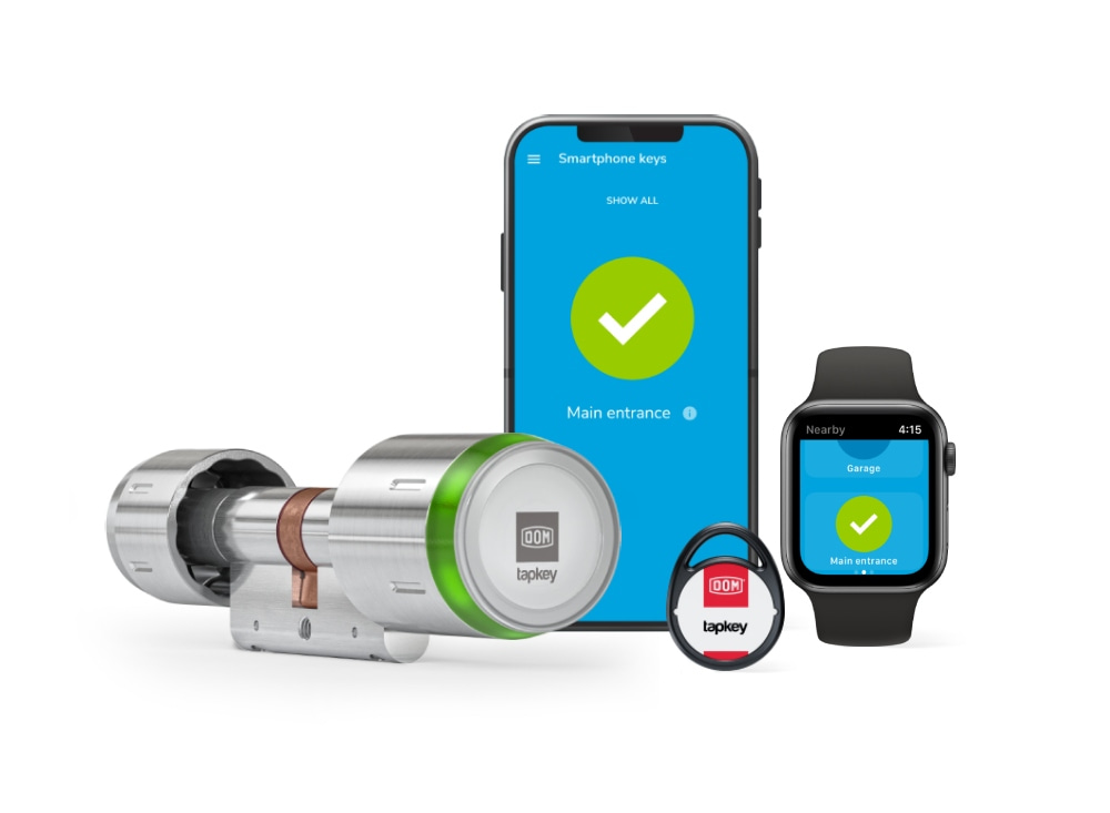 image showing the DOM Tapkey electronic cylinder for access control, the Tapkey tag, a smartphone and smartwatch with the Tapkey app screen