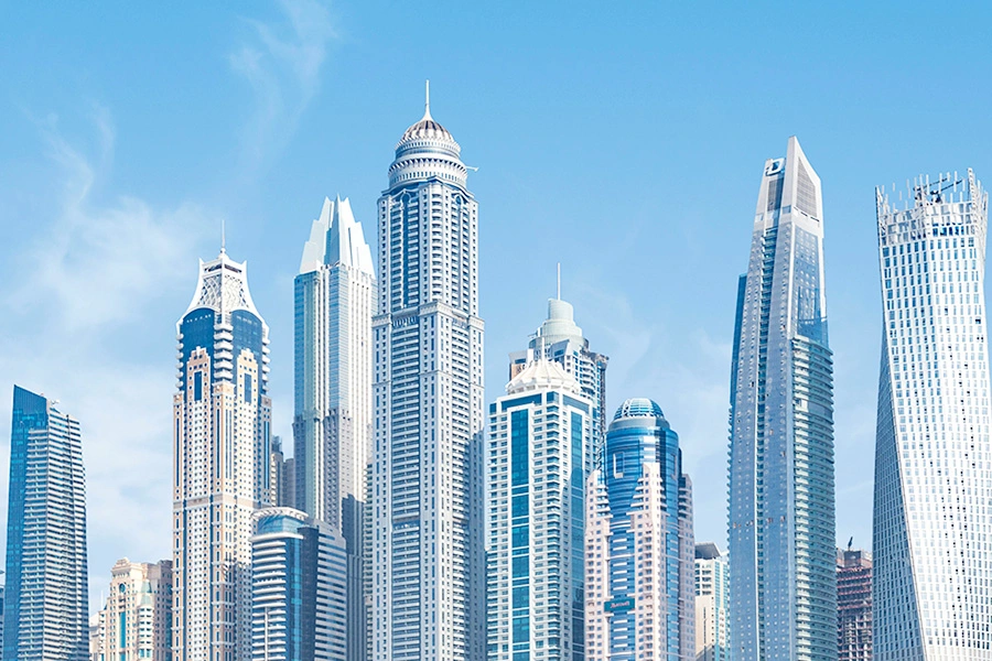 Dubai skyline with modern skyscrapers.