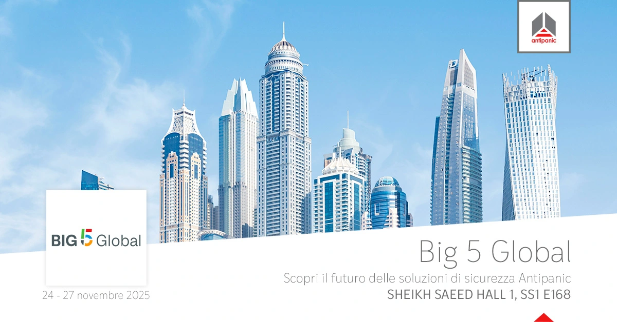 Skyline di Dubai con logo Antipanic e informazioni sulla fiera Big 5 Global 2025.