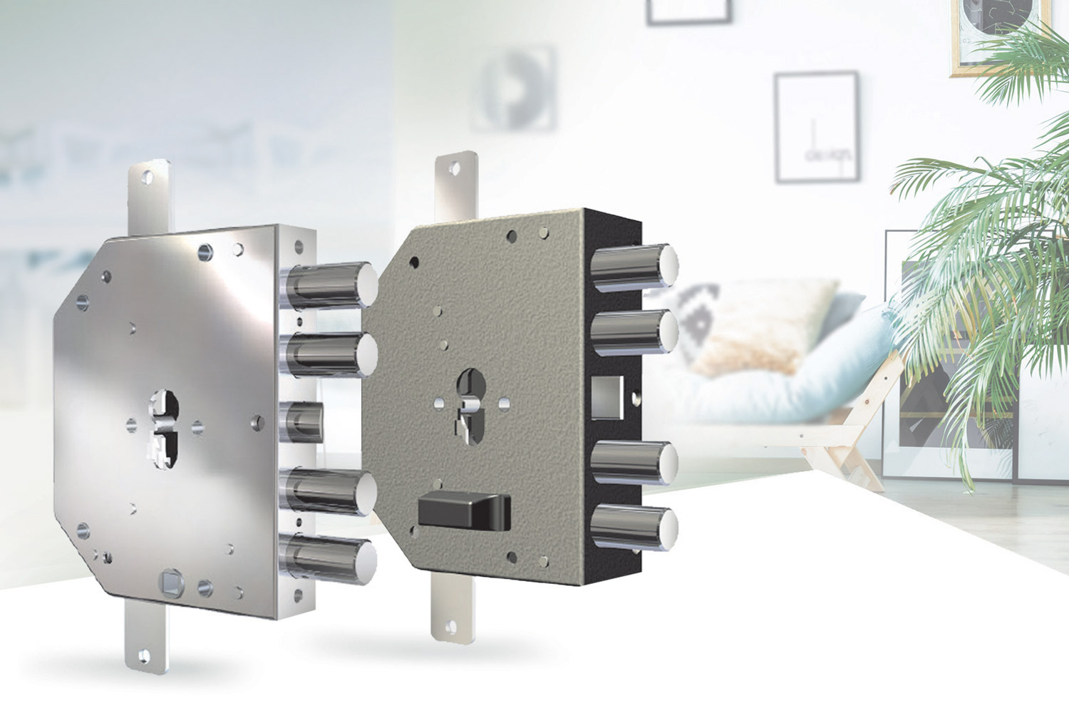 two locks for euro profile cylinder with a home environment in the background