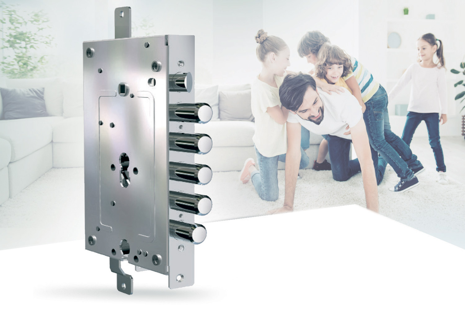 multi-function lock for armored door with a dad playing with children in the background