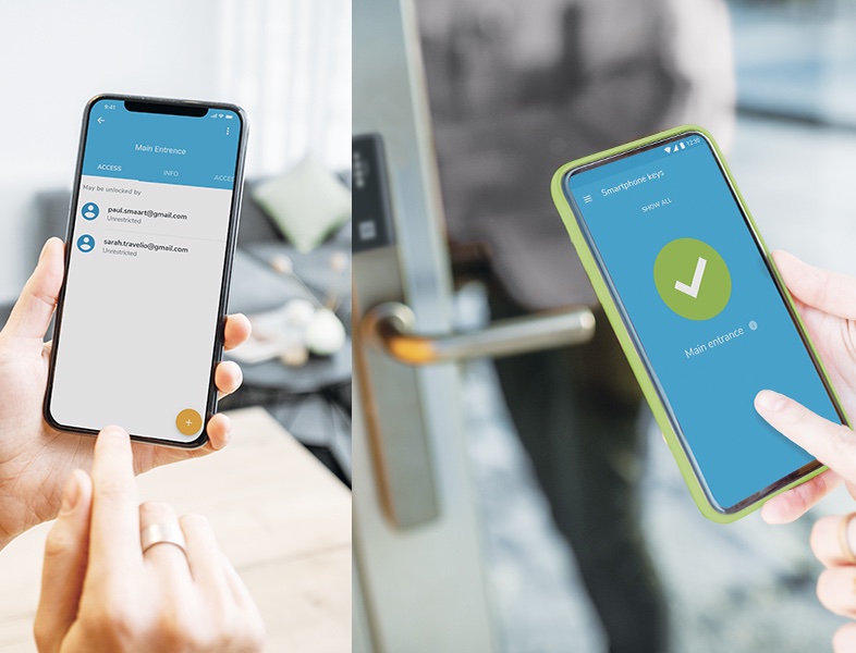 un'immagine composta da due foto che mostra una persona che apre la porta di un ufficio protetta da un dispositivo di controllo accessi DOM Tapkey tramite smartphone