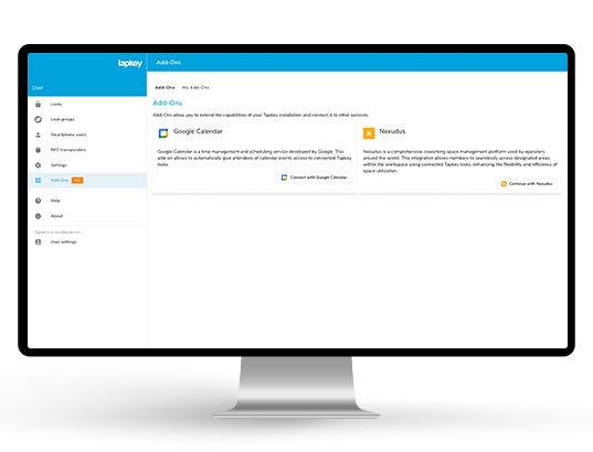 computer con la schermata di gestione degli add-on della piattaforma Tapkey per l'integrazione con i software per le prenotazioni