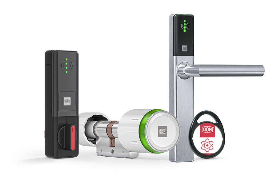 serratura elettronica per mobili, cilindro elettronico, maniglia elettronica e transponder in un'unica immagine