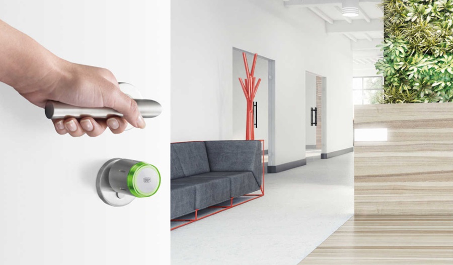 door open with handle and eniq pro facing an office waiting room